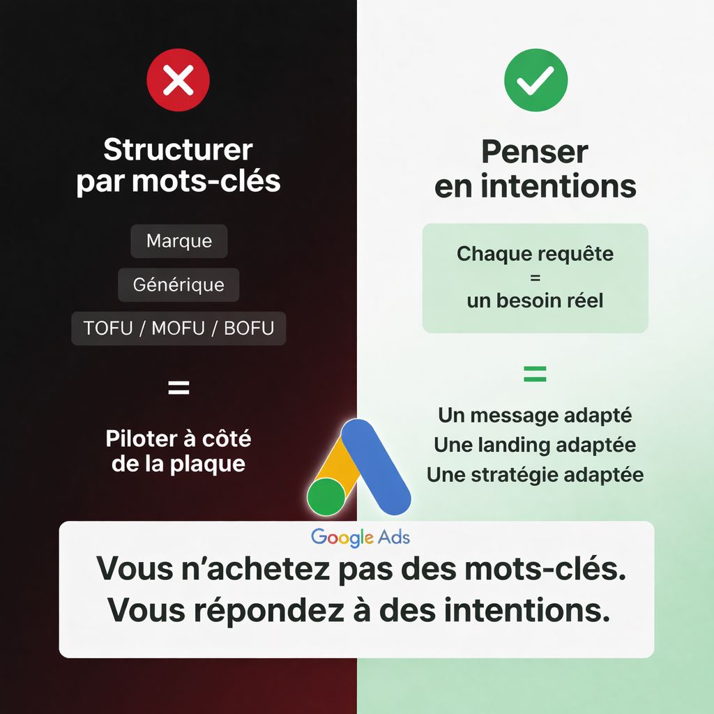 1775630726112 | Blog Google Ads, Marketing Digital & Business Split-screen infographic comparing keyword-focused vs intent-focused strategies: left shows a red X and 'Structurer par mots-clés', right shows a green check and 'Penser en intentions' with examples and Google Ads banner at bottom.