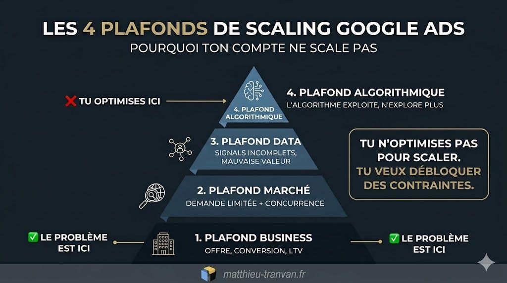 1775804427019 | Blog Google Ads, Marketing Digital & Business Infographie en forme de pyramide montrant les 4 plafonds de scaling Google Ads et leurs descriptions en français (Business, Marché, Données, Algorithme).