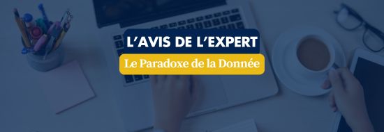 Hero banner with the title 'L'avis de l'expert' and subtitle 'Le Paradoxe de la Donnée' on a blue desk background with a laptop, coffee cup, and office supplies