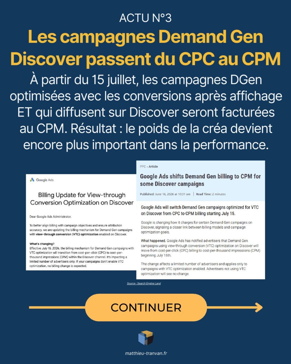 1782714623734 1 | Blog Google Ads, Marketing Digital & Business Poster in French explaining Demand Gen campaigns shifting from CPC to CPM, with two screenshot cards and a large 'CONTINUER' button at the bottom.