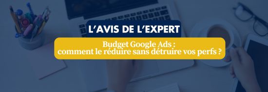 Budget Google Ads _ comment le réduire sans détruire vos perfs | Blog Google Ads, Marketing Digital & Business Banner reading 'L’AVIS DE L’EXPERT' over a desk image, about reducing Google Ads budget without hurting performance.