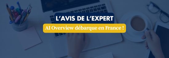 Hero banner with white text 'L’AVIS DE L’EXPERT' and yellow badge 'AI Overview débarque en France' on a blue overlay over a desk scene with a laptop and coffee cups behind it.