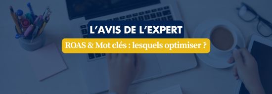 Blue-tinted banner reading 'L'avis de l'expert' with subtitle 'ROAS & Mot clés : lesquels optimiser ?' over a desk with a laptop and office supplies.