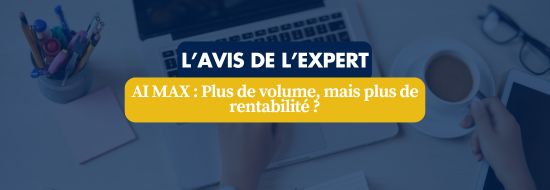 Recherches sans clics _ quel avenir pour Google 2 | Blog Google Ads, Marketing Digital & Business Banner with the expert opinion title 'L'AVIS DE L'EXPERT' and subtitle 'AL MAX : Plus de volume, mais plus de rentabilité ?' over a blurred desk scene (laptop, coffee, pens) in blue tint.