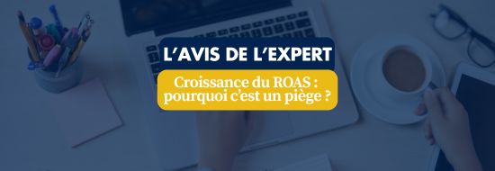Recherches sans clics _ quel avenir pour Google | Blog Google Ads, Marketing Digital & Business Branded banner: L'AVIS DE L'EXPERT — Croissance du ROAS : pourquoi c'est un piège ?, over a blue desk with a laptop, coffee, and stationery.