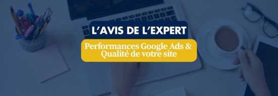 Banner: 'L’AVIS DE L’EXPERT' with subtitle about Google Ads performance and site quality on a blue overlay poster.